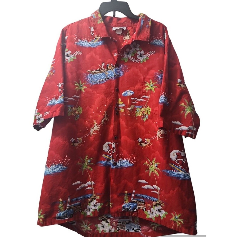 Pacific Legend Santa Hawaiian Shirt Christmas‎ Surfboard Palm Trees Red